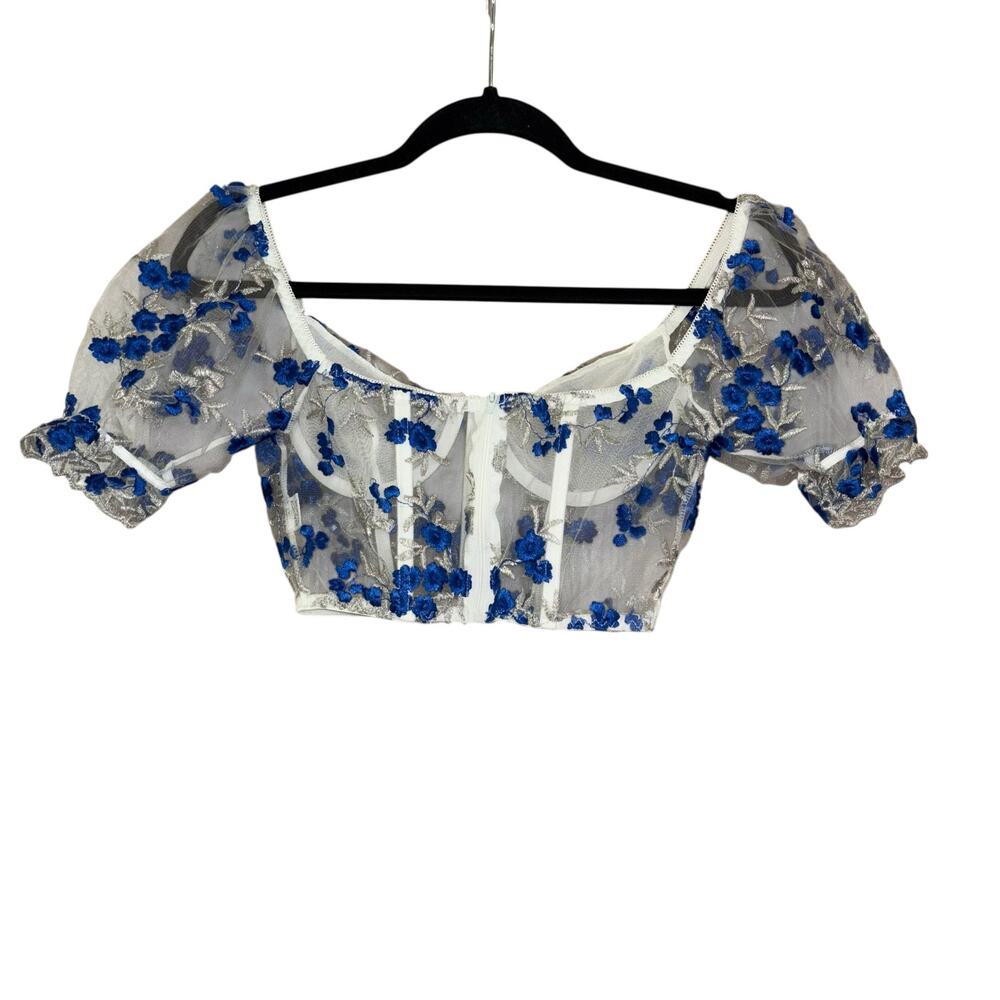 Whimsical Sheer Floral Puff Sleeve Fairy Corset Crop Top Women’s S Renaissance